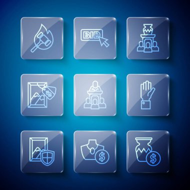 Açık artırma tablosu, mücevher satışı, antik vazo, mezatçı satışı, çekiç ve el tutma ikonu. Vektör