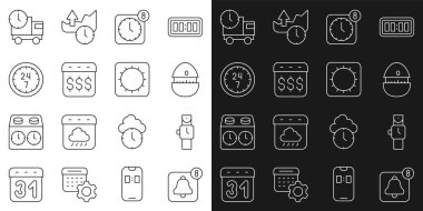 Alarm saatini, kol saatini, mutfak saatini, ödeme gününü, takvimi, saati 24 saati, teslimat kamyonunu ve Sun simgesini ayarla. Vektör