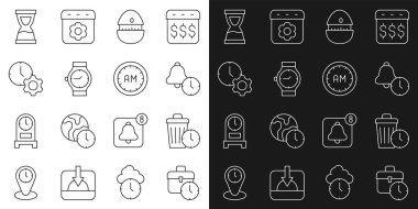 Sıra çalışma zamanı, alarm saati, mutfak saati, kol saati, zaman yönetimi, eski kum saati ve sabah ikonu. Vektör