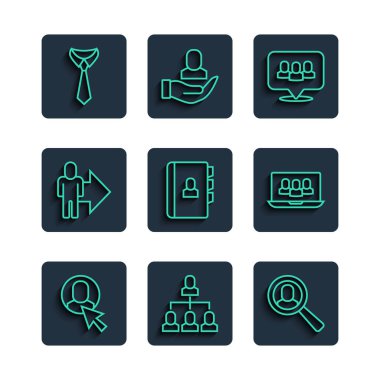 Sabit çizgi işçisi, çalışan hiyerarşisi, arama işi için büyüteç, proje ekibi üssü, özgeçmiş, yöneticilerin lideri, kravat ve simge. Vektör