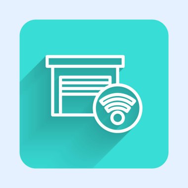 Beyaz çizgi Akıllı garaj simgesi uzun gölgeli izole edilmiş. Yeşil kare düğmesi. Vektör.