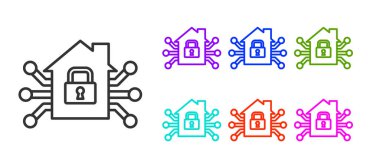 Siyah çizgi Akıllı ev simgesi beyaz arkaplanda izole edildi. Uzaktan kumanda. Simgeleri renklendirin. Vektör.