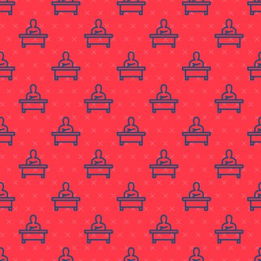 Masa başı simgesinde oturan mavi çizgi öğrencisi kırmızı arka planda izole edilmiş kusursuz desen. Vektör.