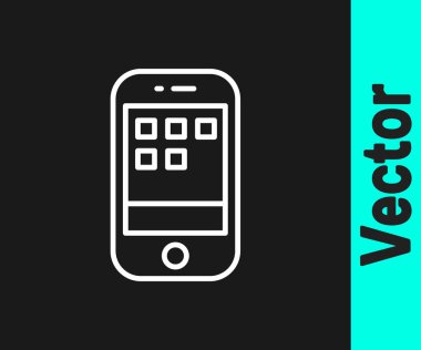 Beyaz çizgi Akıllı Telefon, siyah arkaplanda izole edilmiş cep telefonu simgesi. Vektör.