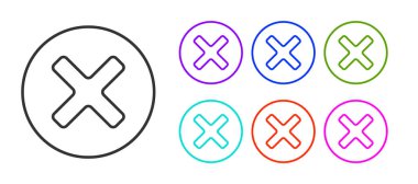 Siyah çizgi X Mark, daire simgesinde çapraz çizgi beyaz arkaplanda izole edildi. Çapraz işaret simgesini kontrol et. Simgeleri renklendirin. Vektör