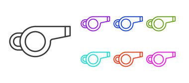 Beyaz arkaplanda siyah çizgi Whistle simgesi izole edildi. Hakem sembolü. Spor ve spor burcu. Simgeleri renklendirin. Vektör