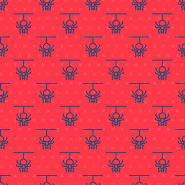 Mavi çizgi Örümcek ikonu kırmızı arkaplandaki kusursuz deseni izole etti. Mutlu Cadılar Bayramı Partisi. Vektör