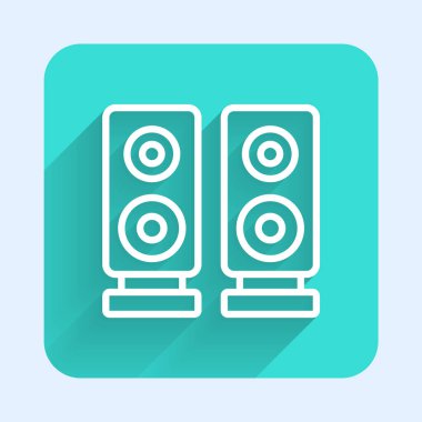 White line Stereo speaker icon isolated with long shadow background. Sound system speakers. Music icon. Musical column speaker bass equipment. Green square button. Vector