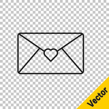 Şeffaf arka planda izole edilmiş, Sevgililer Günü kalp ikonu olan siyah çizgi zarfı. Mesaj aşkım. Aşk ve romantizm mektubu. Vektör