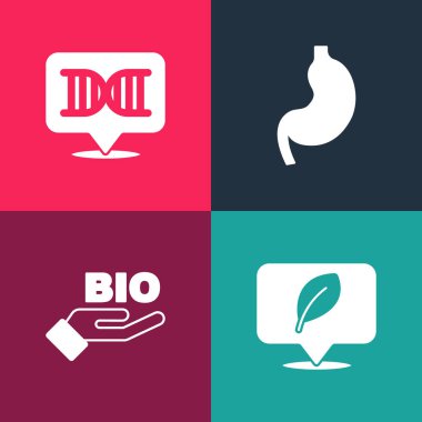 Popüler sanat mekanını yaprak, biyosağlıklı yiyecek, insan midesi ve DNA sembolü ile ayarla. Vektör