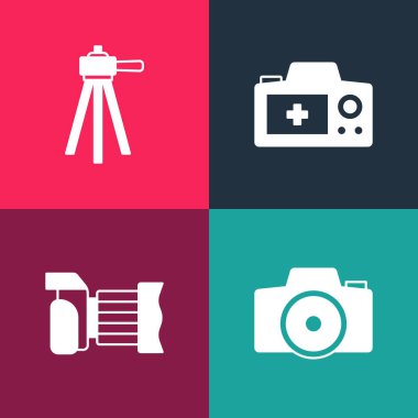 Pop Art Photo kamera ve Tripod simgesini ayarla. Vektör