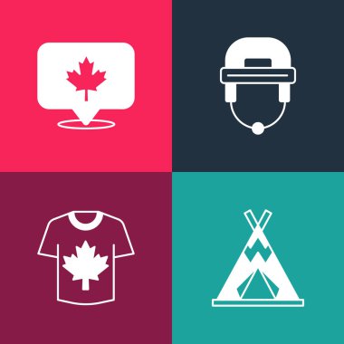 Pop sanatları kızılderili çadırı ya da wigwam, hokey forması, miğfer ve Kanada akçaağaç yaprağı ikonu koyun. Vektör