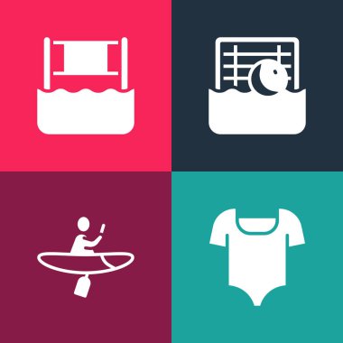 Pop art mayo, kano ve raket, su topu ve voleybol ikonu ayarla. Vektör