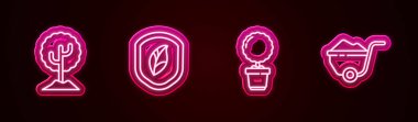 Hat Ağacı, Yapraklı Kalkan, Saksıda Çiçek ve El Arabası Toprağı. Parlayan neon ikonu. Vektör