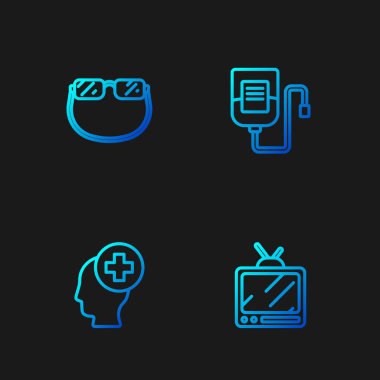 Retro televizyonu ayarla, hastaneli erkek kafa, gözlük ve serum. Renk simgeleri. Vektör