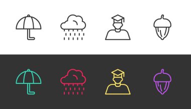 Sıra Şemsiye, Bulut, yağmur, mezuniyet şapkası ve siyah beyaz palamut. Vektör