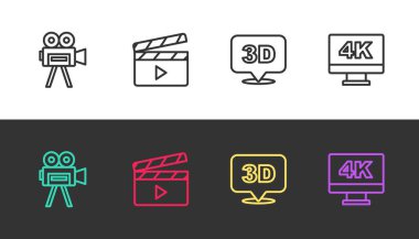 Retro sinema kamerası, film alkışı, 3D kelime ve siyah beyaz 4K ile ekran TV ayarlayın. Vektör