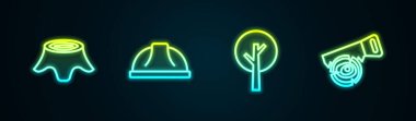 Ağaç kütüğü, işçi kaskı ve el testeresi ve kütük yerleştirin. Parlayan neon ikonu. Vektör