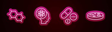Chemical formülü, Atom, İlaç hapı tableti ve bakterili Petri kabını hazırlayın. Parlayan neon ikonu. Vektör
