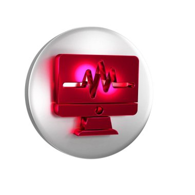 Şeffaf arkaplanda kardiyogram simgesi olan kırmızı bilgisayar monitörü. Simge denetleniyor. Kalp atışı elle çizilmiş EKG monitörü. Gümüş daire düğmesi..