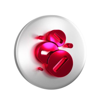 Şeffaf arkaplanda kırmızı ilaç veya tablet ikonu var. Kapsül hapı ve uyuşturucu işareti. Eczane tasarımı. Gümüş daire düğmesi..