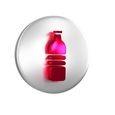 Şeffaf arkaplanda kırmızı bir şişe ikon izole edilmiş. Soda su içme tabelası. Gümüş daire düğmesi..