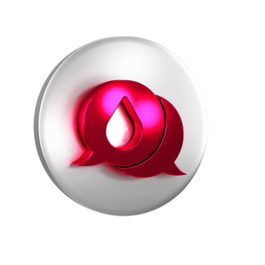 Konuşma baloncukları ikonlu kırmızı su damlası şeffaf arkaplanda izole edildi. Gümüş daire düğmesi..