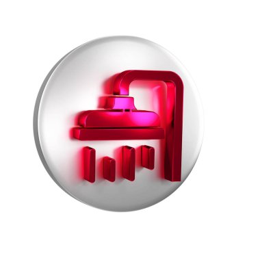 Su damlaları akan kırmızı duş başlığı şeffaf arkaplanda izole edilmiş. Gümüş daire düğmesi..