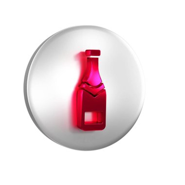 Kırmızı şampanya şişesi simgesi şeffaf arkaplanda izole edilmiş. Gümüş daire düğmesi..