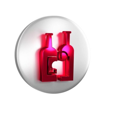Şeffaf arkaplanda izole edilmiş kırmızı şarap şişeleri. Gümüş daire düğmesi..