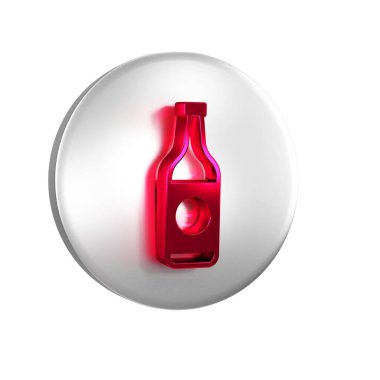Kırmızı bira şişesi simgesi şeffaf arkaplanda izole edildi. Gümüş daire düğmesi..