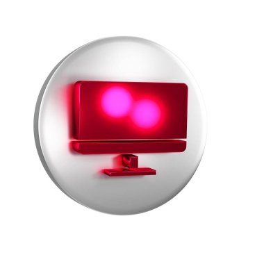 Kırmızı Bilgisayar monitör simgesi şeffaf arkaplanda izole edildi. Elektronik cihaz. Ön manzara. Gümüş daire düğmesi..