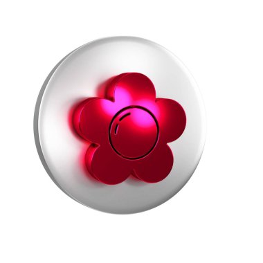 Kırmızı Çiçek simgesi şeffaf arkaplanda izole edildi. Gümüş daire düğmesi..