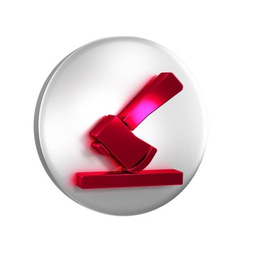 Kırmızı tahta balta simgesi şeffaf arkaplanda izole edildi. Oduncu baltası. Gümüş daire düğmesi..