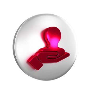 Kırmızı El, şeffaf arkaplanda izole edilmiş bir insan simgesini arıyor. İşe alım ya da seçim konsepti. Çalışanları ve işi ara. Gümüş daire düğmesi..