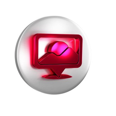 Kırmızı Harita iğne simgesi şeffaf arkaplanda izole edildi. Navigasyon, işaret, konum, harita, GPS, yön, yer konsepti. Gümüş daire düğmesi..