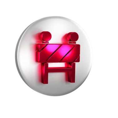 Kırmızı Yol bariyeri simgesi şeffaf arkaplanda izole edildi. İnşaat sürecinde olan yasak bölgenin sembolü. Onarım işe yarıyor. Gümüş daire düğmesi..