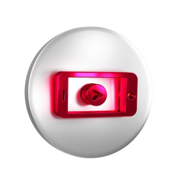 Kırmızı Online video oynatma simgesi şeffaf arkaplanda izole edildi. Akıllı telefon ve üzerinde oyun işareti olan film şeridi. Gümüş daire düğmesi..