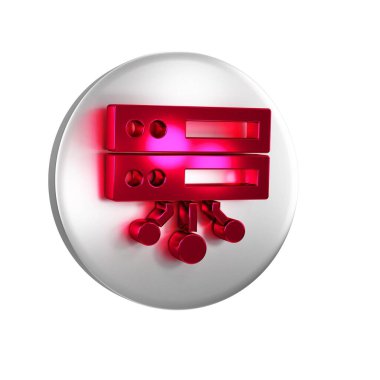 Kırmızı Sunucu, Data, Web Sunucu simgesi şeffaf arkaplanda izole edildi. Gümüş daire düğmesi..