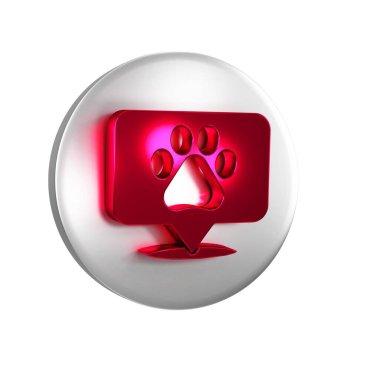Şeffaf arka planda izole edilmiş hayvan ikonu için veterinerlik, klinik ya da evcil hayvan dükkanı olan kırmızı harita işaretçisi. Veteriner ya da veteriner kliniği. Gümüş daire düğmesi..