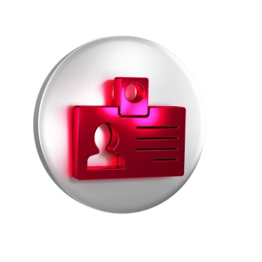 Şeffaf arkaplanda kırmızı kimlik simgesi izole edildi. Sunum için, şirketin kimliği için, reklam için kullanılabilir. Gümüş daire düğmesi..