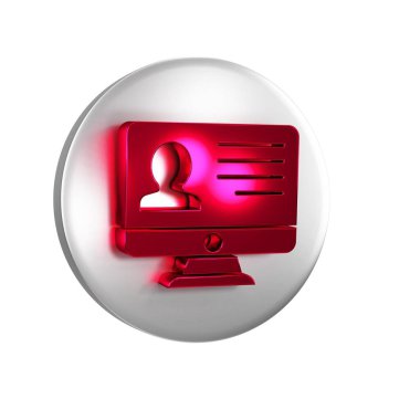 Şeffaf arkaplanda özgeçmiş simgesine sahip kırmızı bilgisayar monitörü. Özgeçmiş başvurusu. Profesyonel personel aranıyor. Personel analizi devam ediyor. Gümüş daire düğmesi..