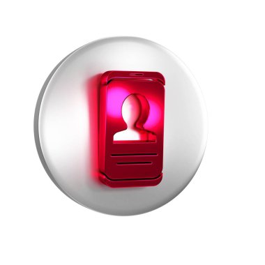 Şeffaf arkaplanda özgeçmiş simgesine sahip kırmızı mobil. Özgeçmiş başvurusu. Profesyonel personel aranıyor. Personel analizi devam ediyor. Gümüş daire düğmesi..