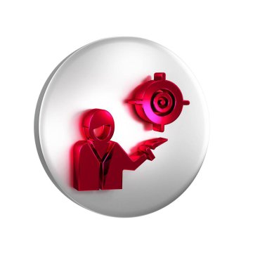 Kırmızı Pazarlama hedef strateji konsepti simgesi şeffaf arkaplanda izole edildi. İnsanların imzasıyla nişan al. Gümüş daire düğmesi..