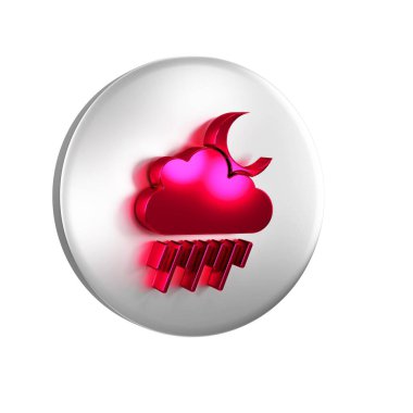 Yağmur ve ay ikonuna sahip Kızıl Bulut şeffaf arka planda izole edildi. Yağmur damlaları ile yağmur bulutu yağışı. Gümüş daire düğmesi..