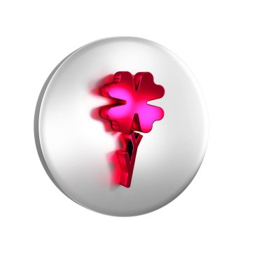 Şeffaf arkaplanda kırmızı dört yapraklı yonca simgesi izole edildi. Mutlu Aziz Patrick günleri. Gümüş daire düğmesi..