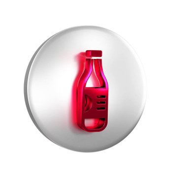 Şeffaf arkaplanda kırmızı bir şişe ikon izole edilmiş. Soda su içme tabelası. Gümüş daire düğmesi..