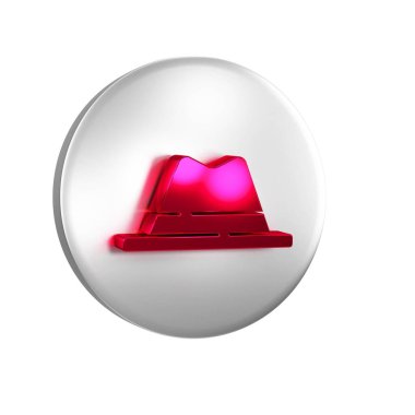 Şeffaf arkaplanda izole edilmiş kurdele ikonlu kırmızı adam şapkası. Gümüş daire düğmesi..