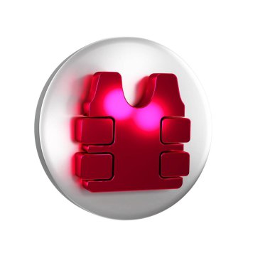 Kırmızı kurşun geçirmez yelek, şeffaf arka planda izole edilmiş kurşun ikonundan korunmak için. Vücut zırhı işareti. Askeri kıyafetler. Gümüş daire düğmesi..