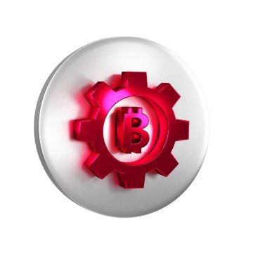 Kırmızı Kripto Para Parası Bitcoin simgesi şeffaf arkaplanda izole edildi. Vites ve Bitcoin ayarı. Engelleme zinciri tabanlı şifreli para birimi. Gümüş daire düğmesi..